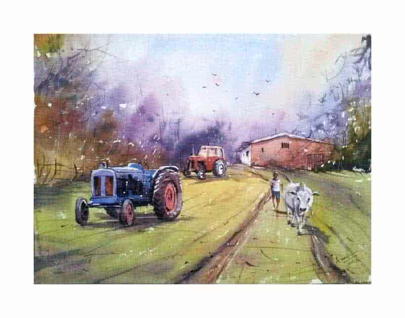 Landscape watercolor painting titled 'Tractor', 22x15 inches, by artist Amit Kapoor on Handmade Paper