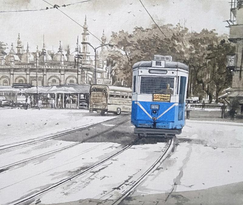 Cityscape acrylic painting titled 'Tram In Kolkata 2', 16x20 inches, by artist Amlan Dutta on Canvas