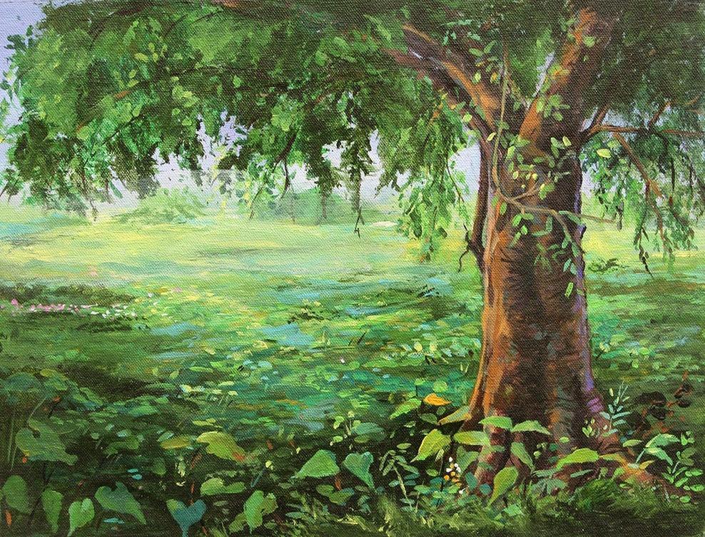 Landscape acrylic painting titled 'Tree 1', 12x16 inches, by artist Chandrashekhar P Aher on Canvas Board