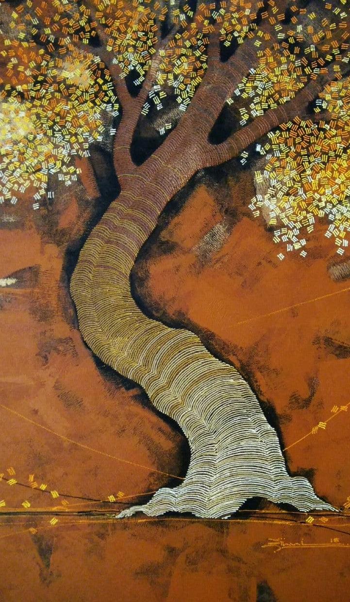 Nature acrylic painting titled 'Tree 1', 30x18 inches, by artist Rahul Dangat on Canvas