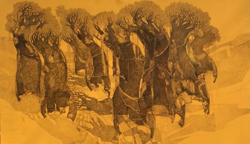 Nature mixed media painting titled 'Tree 2', 36x60 inches, by artist Siddharth Shingade on Canvas