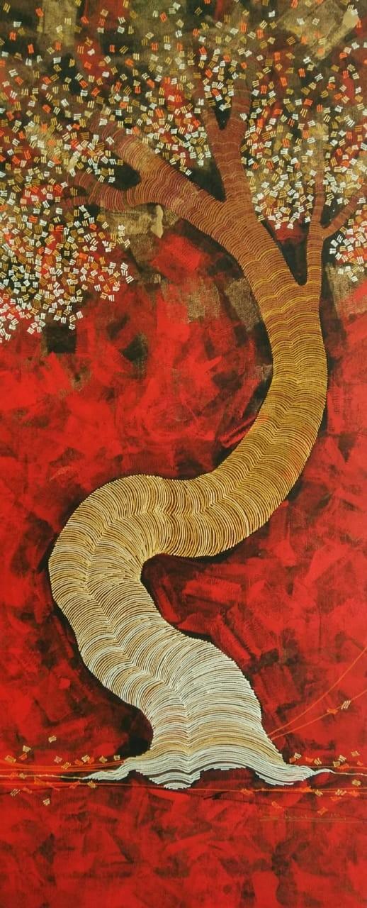 Nature acrylic painting titled 'Tree 2', 48x20 inches, by artist Rahul Dangat on Canvas