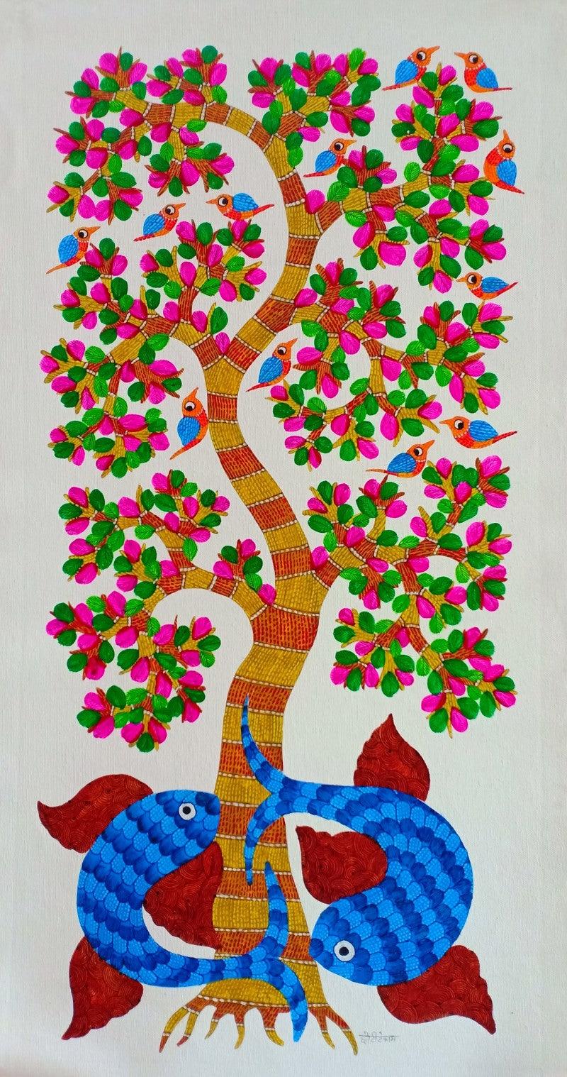 Animals gond traditional art titled 'Tree', 32x16 inches, by artist Choti Gond Artist on Canvas