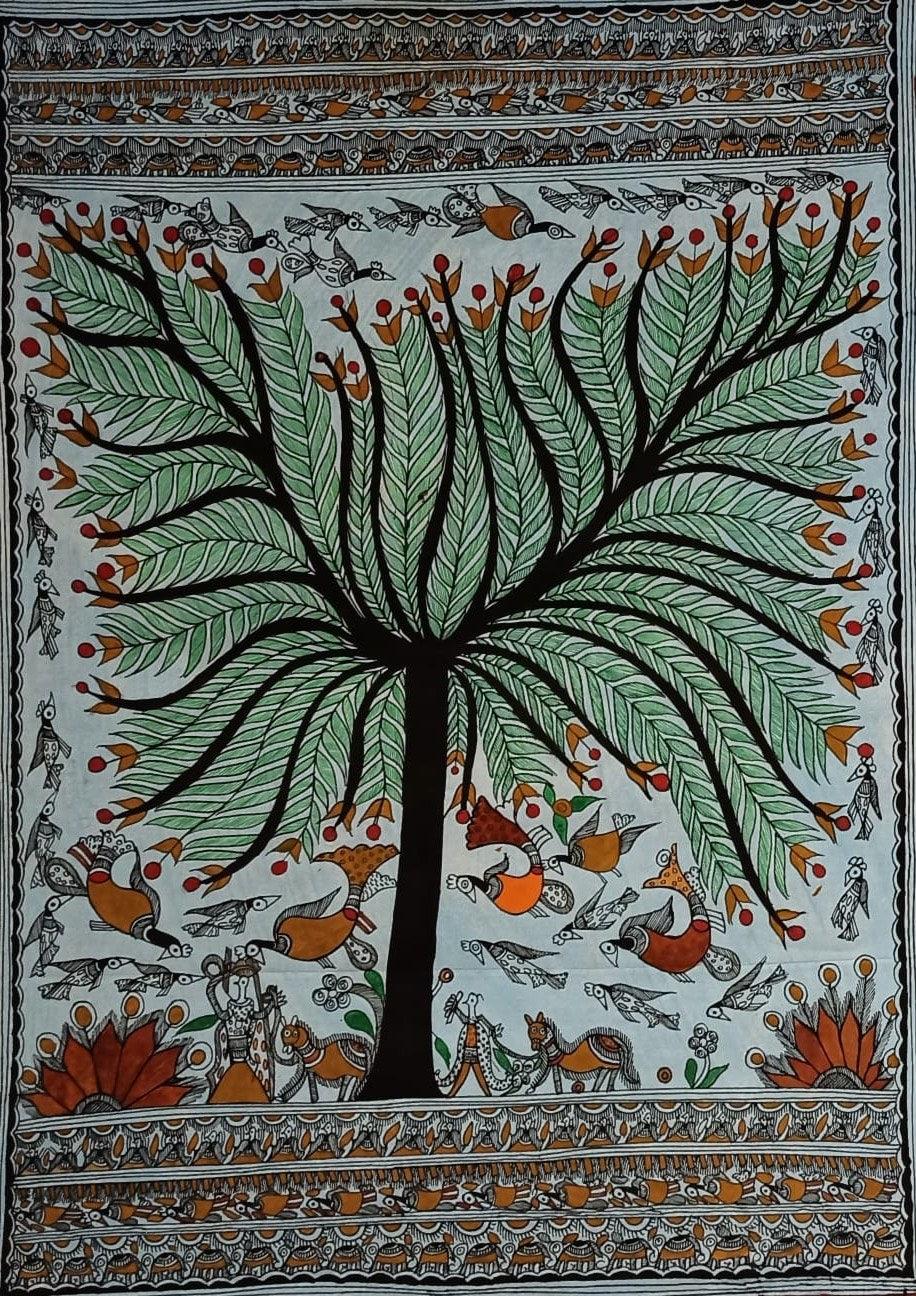 Nature madhubani traditional art titled 'Tree Of Life', 30x22 inches, by artist Mithilesh Jha on Paper
