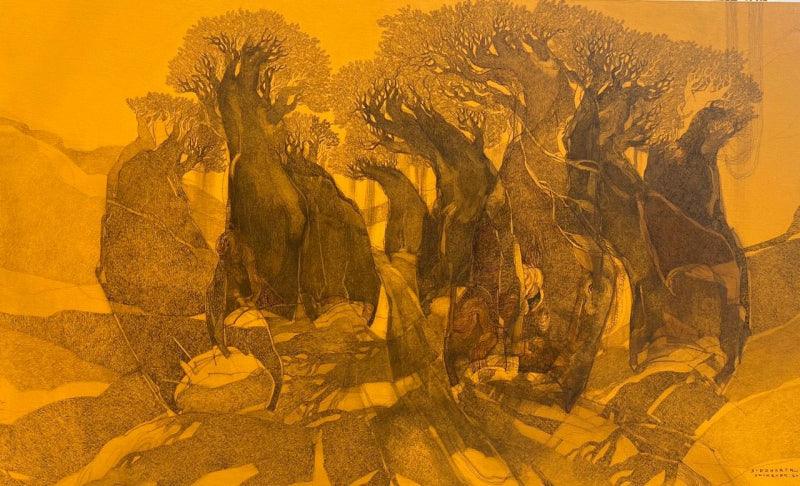 Nature acrylic pen painting titled 'Trees', 40x64 inches, by artist Siddharth Shingade on Canvas