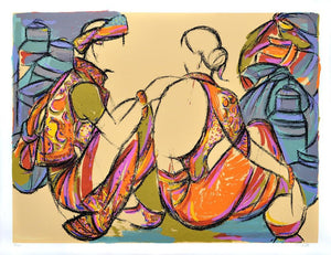 Religious serigraphs painting titled 'Tribal Couple', 40x52 inches, by artist Vrindavan Solanki on Paper