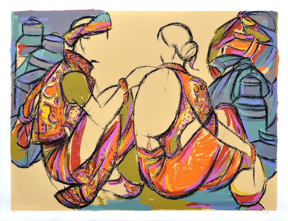 Religious serigraphs painting titled 'Tribal Couple', 40x52 inches, by artist Vrindavan Solanki on Paper