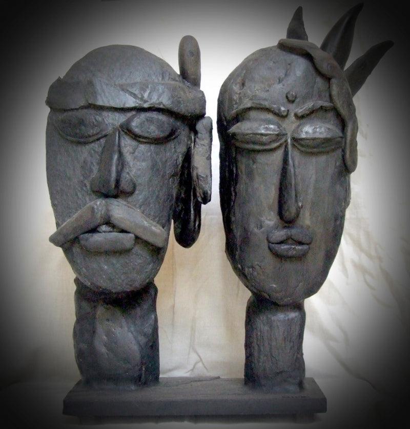 Figurative sculpture titled 'Tribal Couple', 16x14x5 inches, by artist Shibu Sengupta on Stone