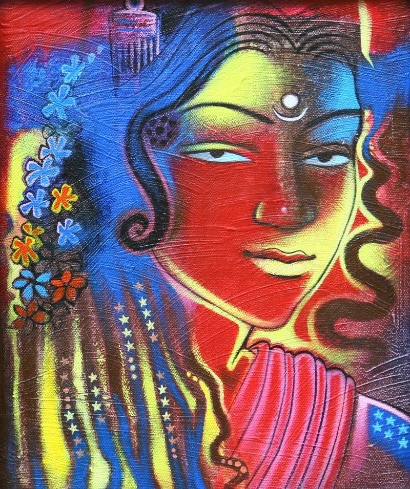 Figurative acrylic painting titled 'Tribal Lady 3', 12x10 inches, by artist Balaji Ubale on Canvas