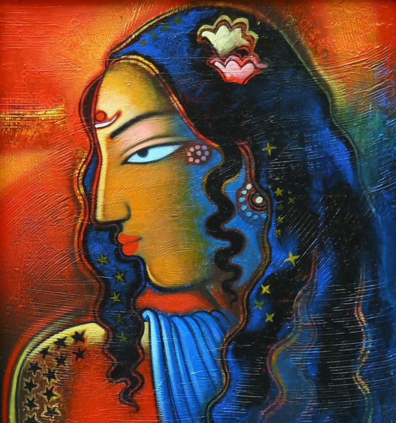 Figurative acrylic painting titled 'Tribal Lady 4', 12x10 inches, by artist Balaji Ubale on Canvas