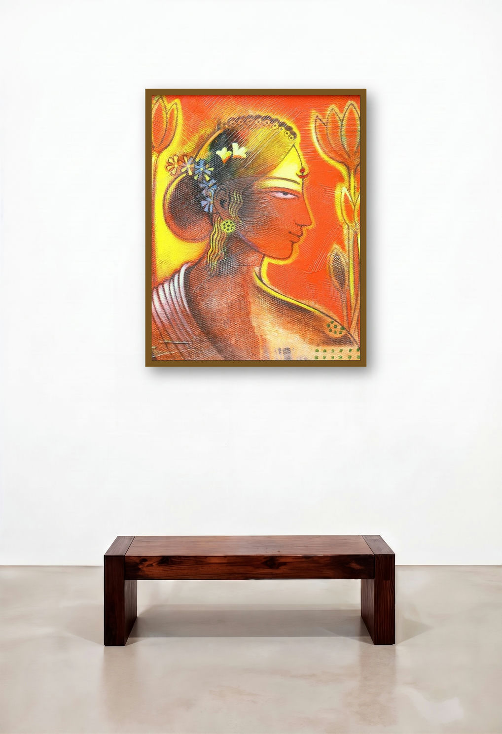 Tribal Lady (Lady Lotus) by artist Balaji Ubale displayed in a Contemporary Bedroom