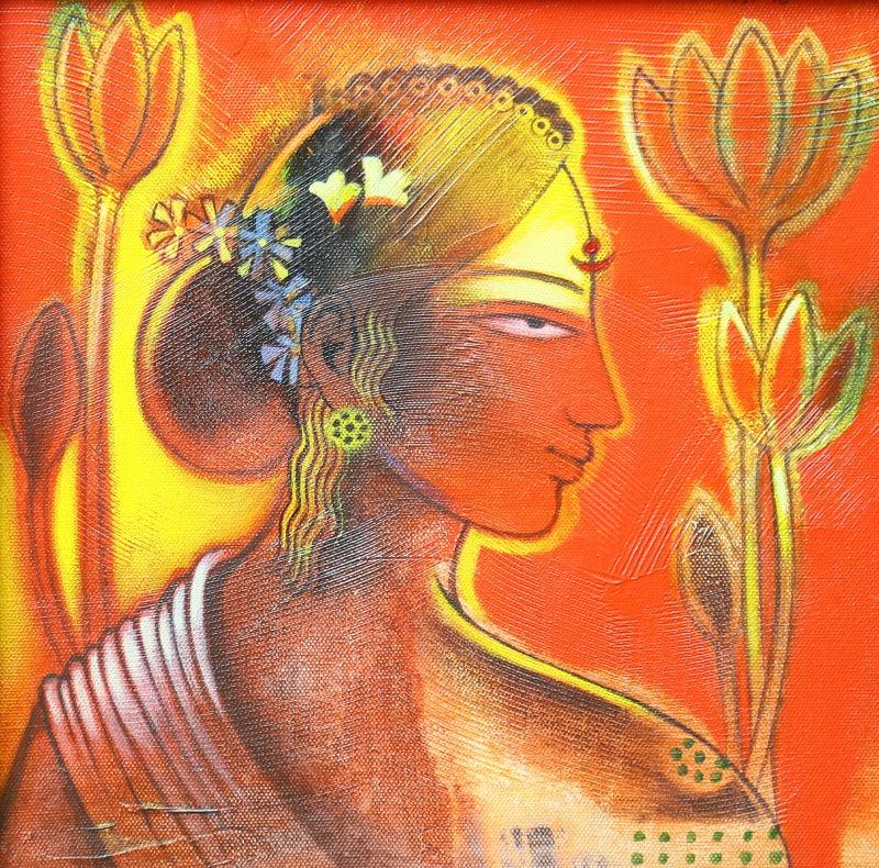 Figurative acrylic painting titled 'Tribal Lady', 12x12 inches, by artist Balaji Ubale on Canvas