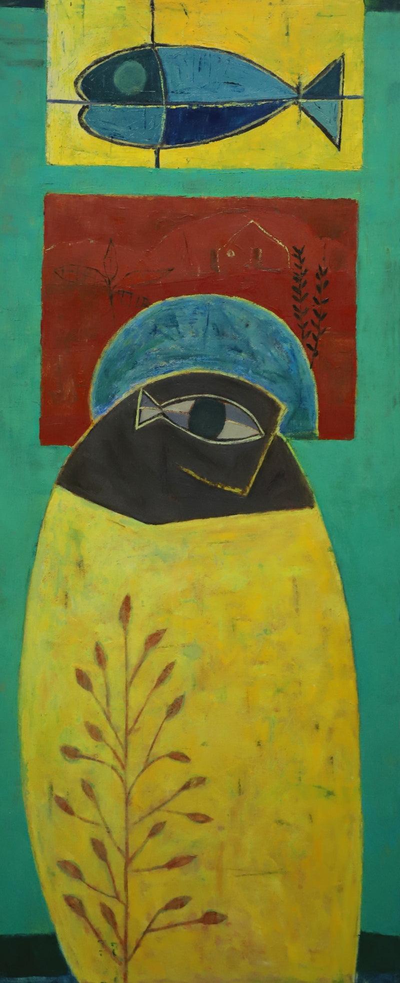 Figurative oil painting titled 'Tribal Man', 60x24 inches, by artist Umesh Bhoi on Canvas