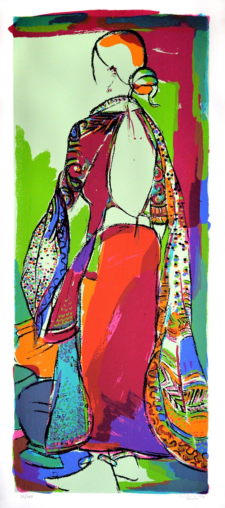 Figurative serigraphs painting titled 'Tribal Woman', 45x20 inches, by artist Vrindavan Solanki on Paper