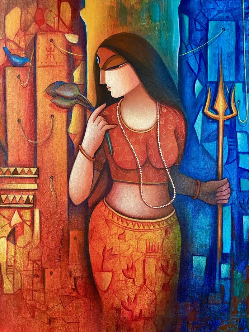 Figurative acrylic painting titled 'Trinayani', 32x24 inches, by artist Mousumi Mukherjee on Canvas