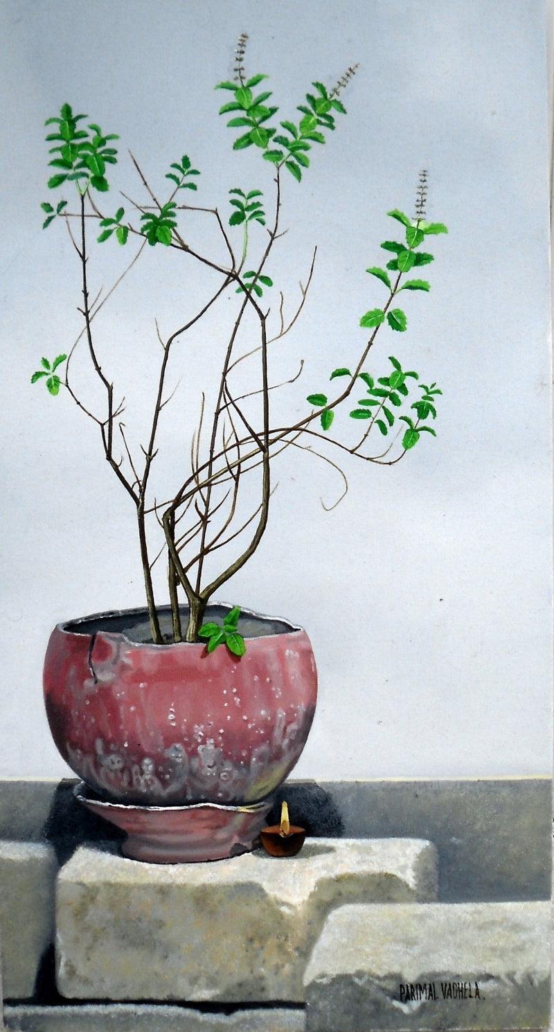 Nature oil painting titled 'Tulsi', 30x16 inches, by artist Parimal Vaghela on Canvas