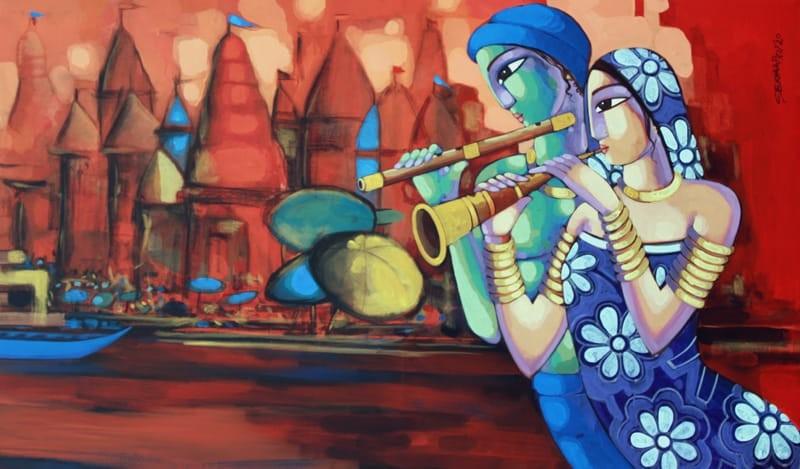 Religious acrylic painting titled 'Tune Of Banaras', 36x60 inches, by artist Sekhar Roy on Canvas