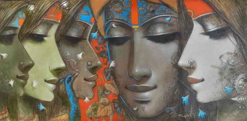 Religious acrylic painting titled 'Tune Of Life 7', 24x48 inches, by artist Subrata Das on Canvas