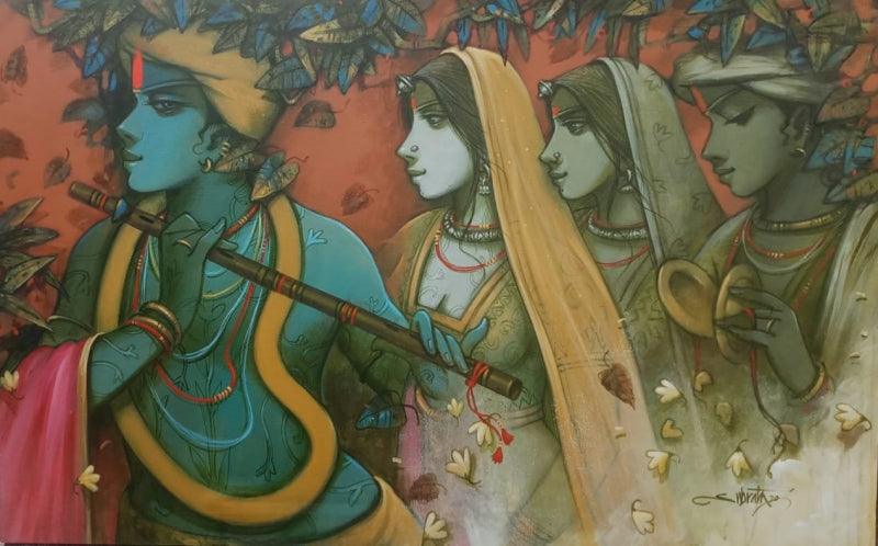 Religious acrylic painting titled 'Tune Of Love 1', 30x48 inches, by artist Subrata Das on Canvas