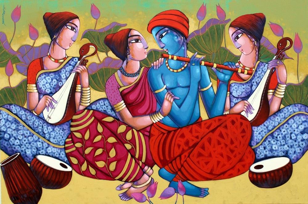 Religious acrylic painting titled 'Tune Of Love', 36x72 inches, by artist Sekhar Roy on Canvas
