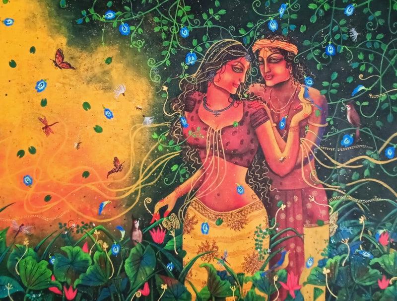 Religious acrylic painting titled 'Tune of love', 30x41 inches, by artist Lisha N T on Canvas