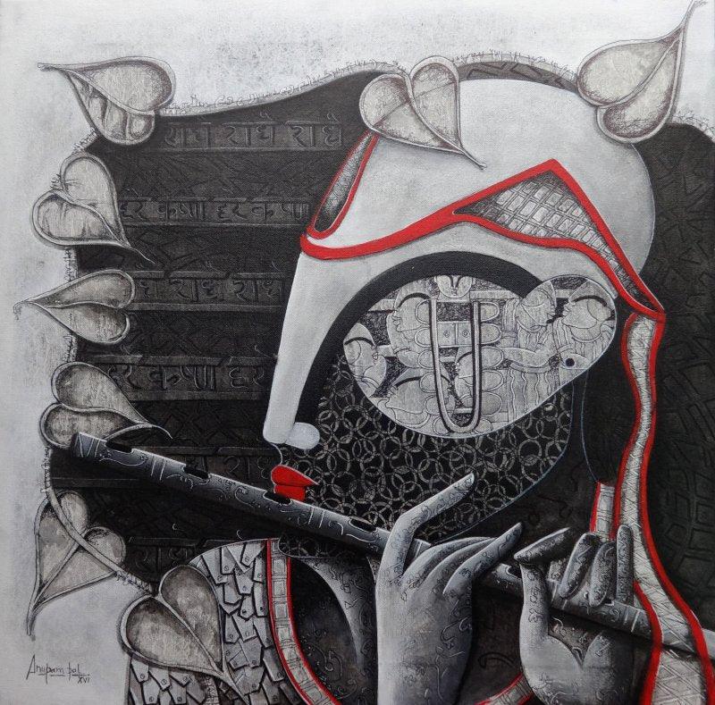 Religious mixed media painting titled 'Tunes Of Devotion', 24x24 inches, by artist Anupam Pal on Canvas