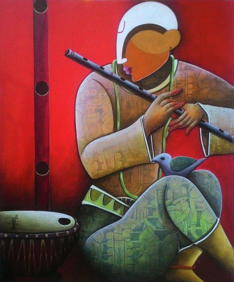 Figurative acrylic painting titled 'Tunes of Devotion', 36x30 inches, by artist Anupam Pal on Canvas