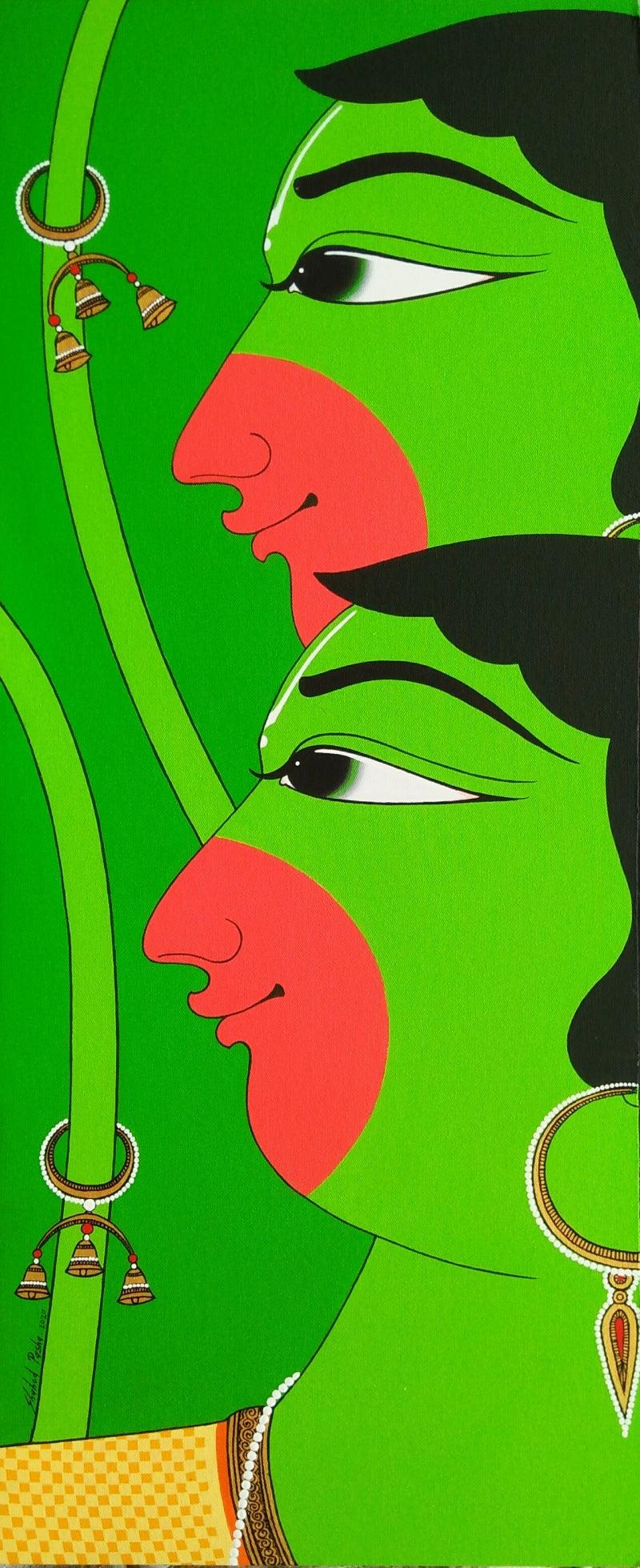 Figurative acrylic painting titled 'Twins', 36x15 inches, by artist Shahed Pasha on Canvas Board