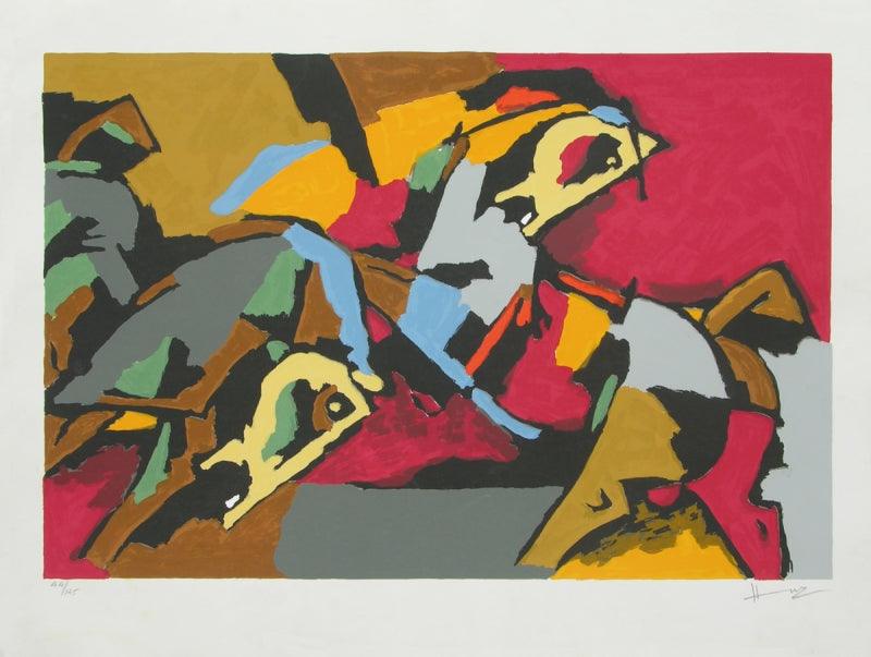Animals serigraphs painting titled 'Two Horses', 30x40 inches, by artist M. F. Husain on Paper