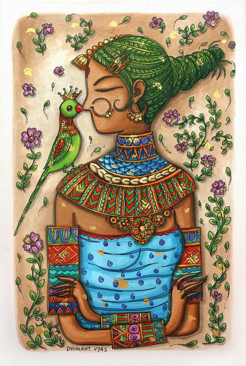 Figurative mixed media painting titled 'Unconditional Love', 36x24 inches, by artist Dhimant Vyas on Canvas