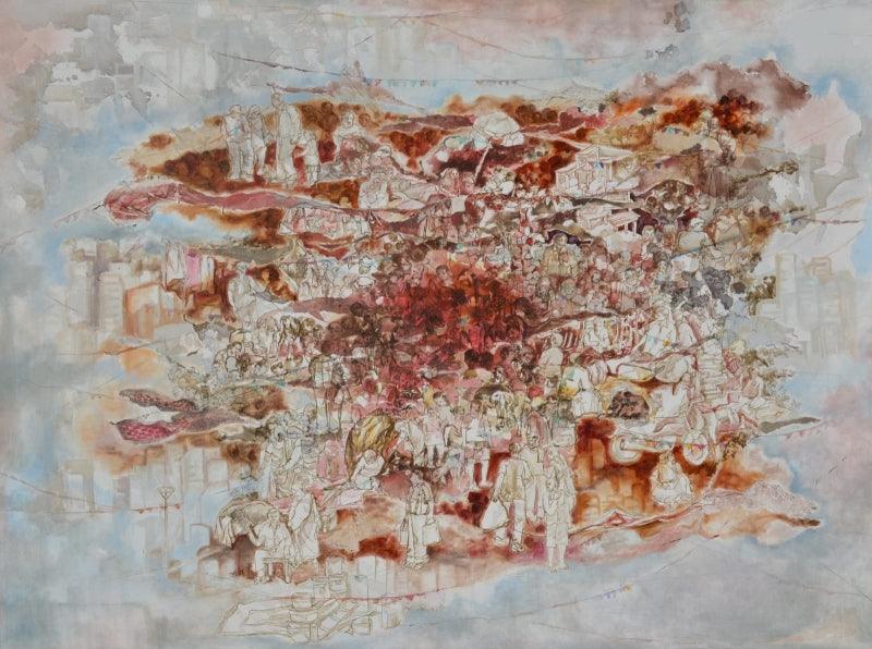 Figurative mixed media painting titled 'Under The Sky', 48x65 inches, by artist Raka Panda on Canvas