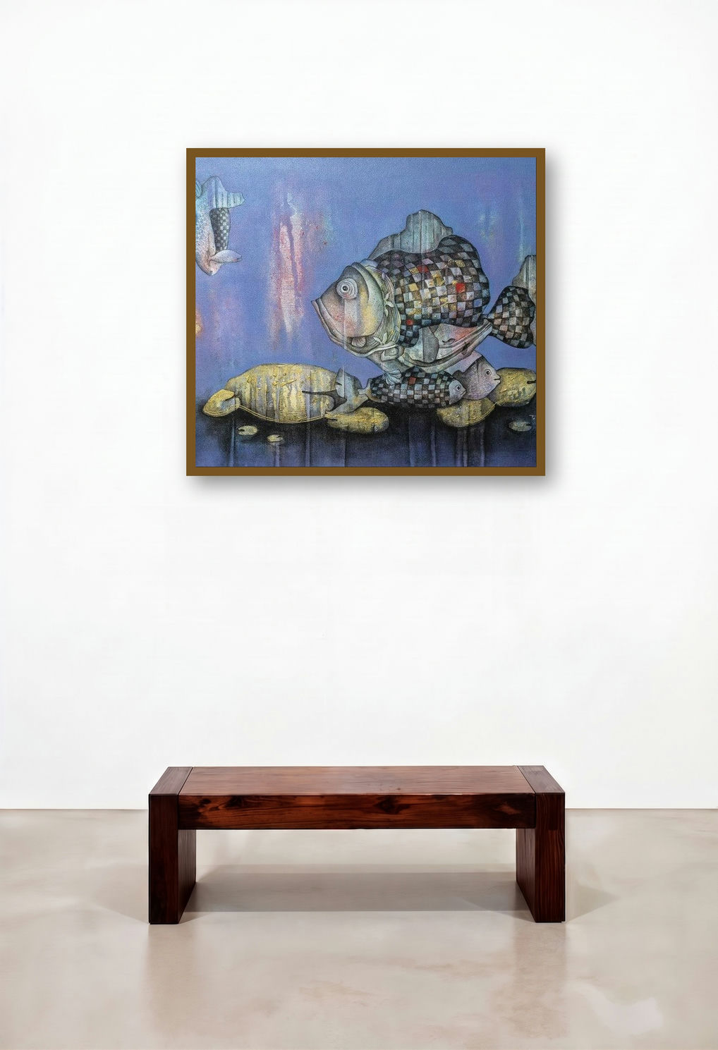 Underwater (Guardians of the Pond) by artist Pooja Mhatre displayed in a Mid-Century Modern Library