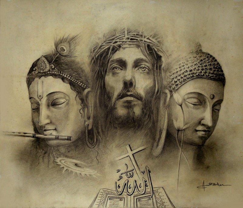Religious pencil drawing titled 'Unity', 13x15 inches, by artist Amit Bhar on Paper