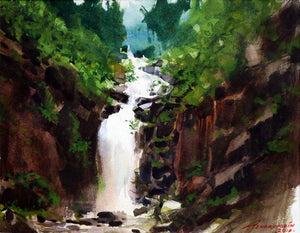 Untitled 1 (The Hidden Cascade) by Azharuuddin Inamdar, Original Watercolor Nature Painting on Paper, X-Small Horizontal Wall Art