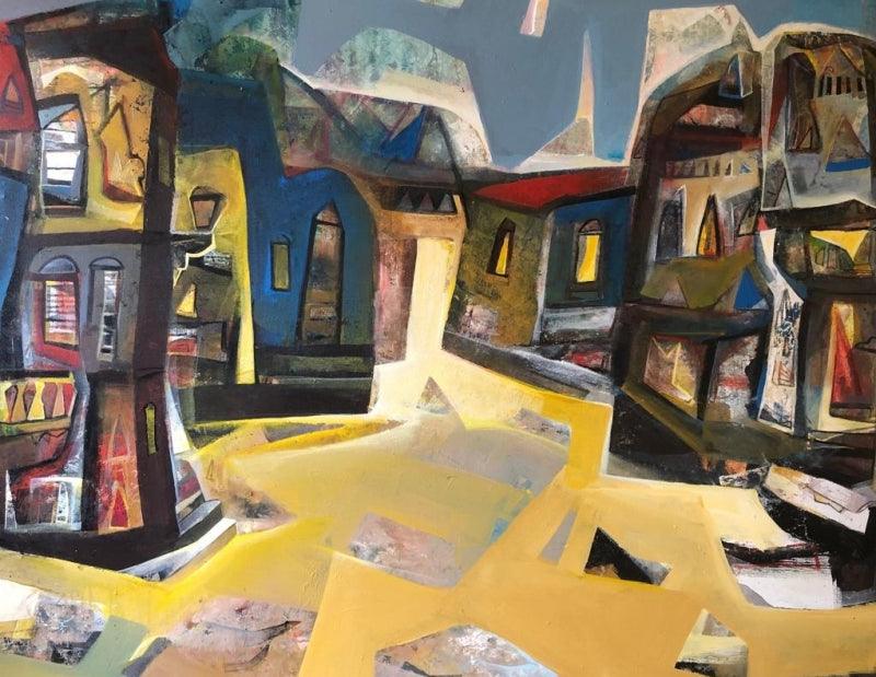 Cityscape acrylic painting titled 'Untitled 1', 42x54 inches, by artist Tapas Ghosal on Canvas