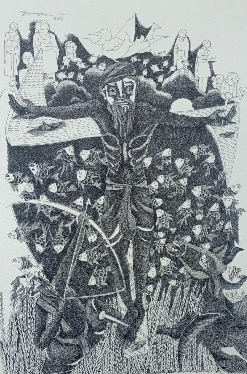 Figurative pen ink drawing titled 'Untitled 1', 16x12 inches, by artist Vinay Amber on Paper