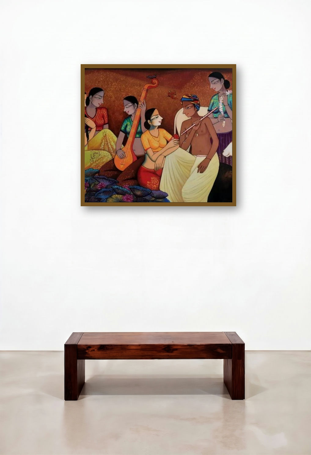 Untitled 1 (Krishna's Divine Melody) by artist Pravin Utge displayed in a Luxury Library