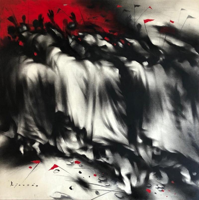 contemporary acrylic charcoal painting titled 'Untitled 1', 29x29 inches, by artist Ajay De on Canvas