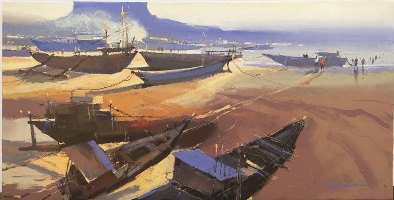 Seascape acrylic painting titled 'Untitled 1', 30x48 inches, by artist Hari Dhongade on Canvas