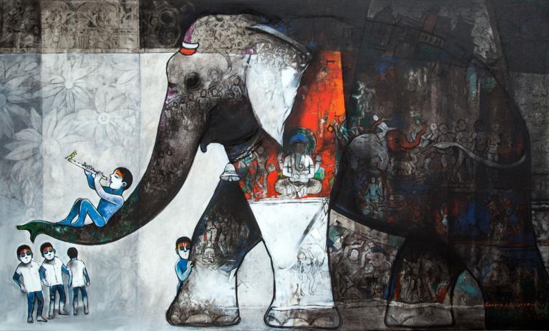 Figurative acrylic painting titled 'Untitled 1', 36x60 inches, by artist Suresh Gosavi on Canvas