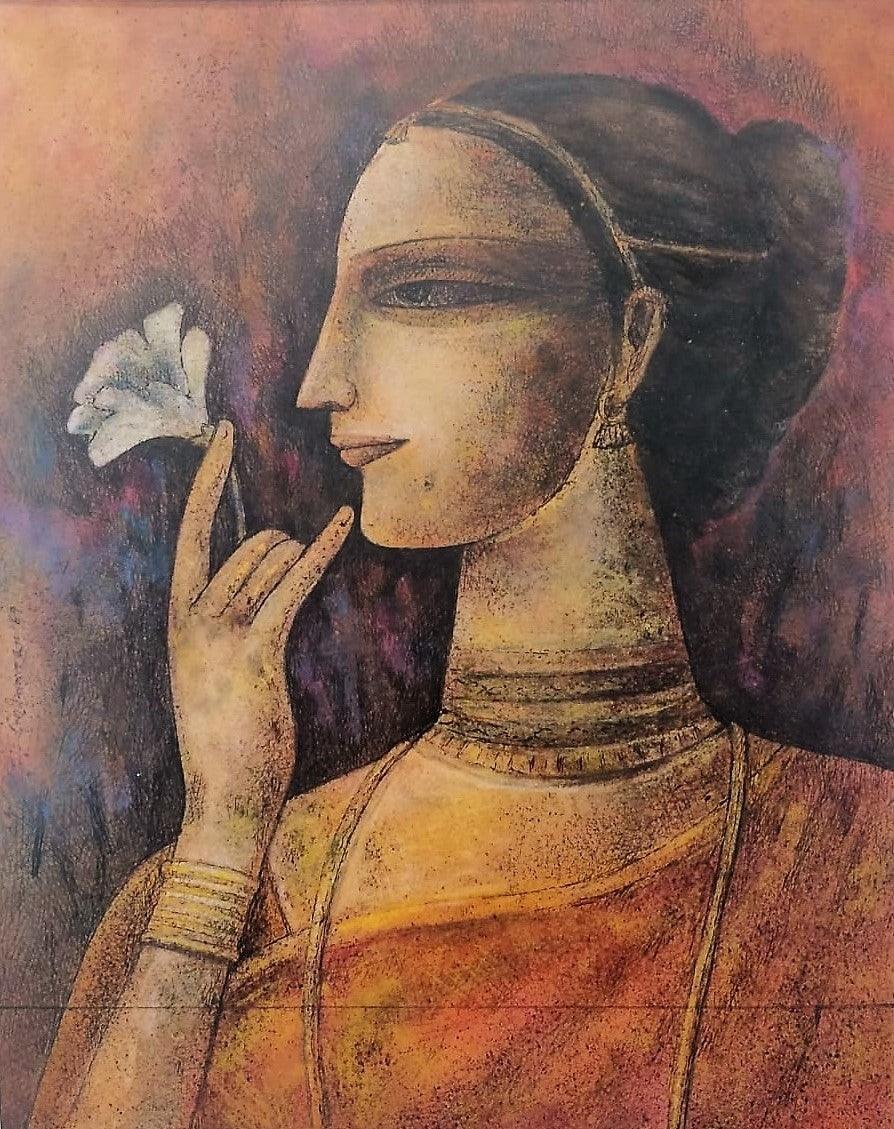 Portrait mixed media painting titled 'Untitled 1', 12x10 inches, by artist Ganesh Pyne on Paper