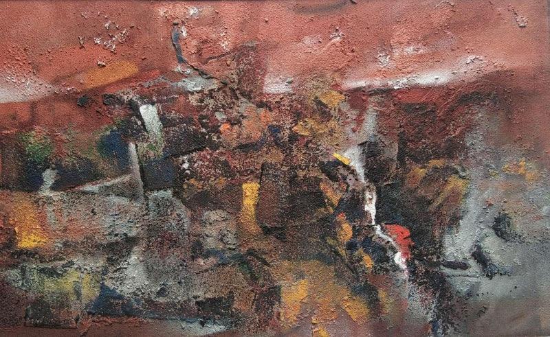 Abstract mixed media painting titled 'Untitled 1', 13x23 inches, by artist Shirish Mitbawkar on Mount Board