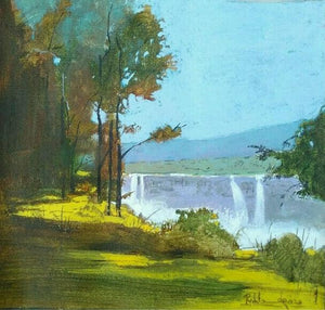 Untitled 1 (Serene Cascade) by Rajesh Wankhade, Original Acrylic Nature Painting on Canvas, X-Small Square Wall Art
