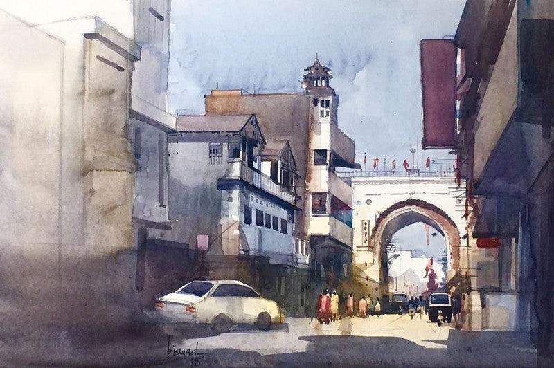 Cityscape watercolor painting titled 'Untitled 1', 14x22 inches, by artist Bijay Biswaal on Paper