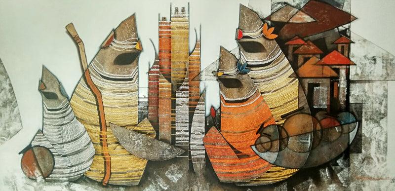 Figurative acrylic painting titled 'Untitled 1', 30x60 inches, by artist Rahul Dangat on Canvas