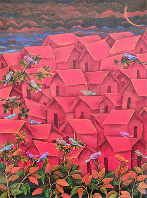 Cityscape acrylic painting titled 'Untitled 1', 48x36 inches, by artist Sadaf Beg Khan on Canvas