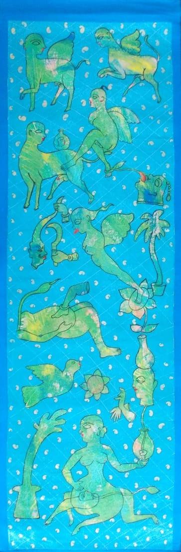 Figurative mixed media painting titled 'Untitled 1', 72x24 inches, by artist Joydeep Bhattachrjee on Canvas