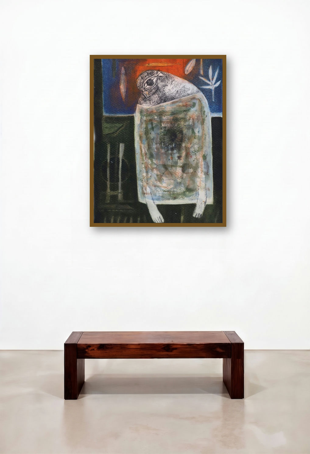 Untitled 1 (Introspective Gaze) by artist Umesh Bhoi displayed in a Rustic Reception Area