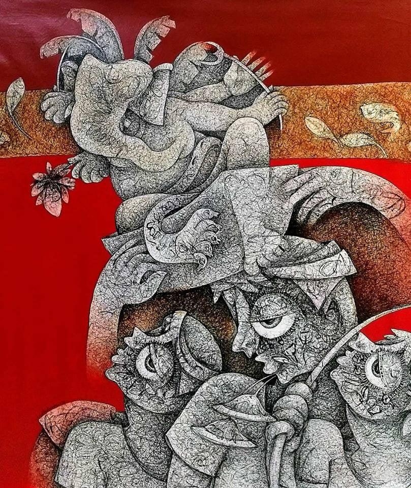 Figurative acrylic painting titled 'Untitled 1', 36x36 inches, by artist Mahavir Verma on Canvas