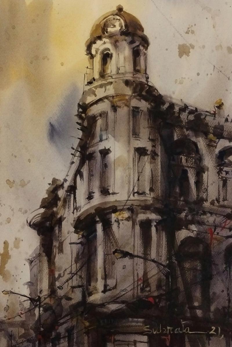 Cityscape watercolor painting titled 'Untitled 1', 22x15 inches, by artist Subrata Malakar on Paper